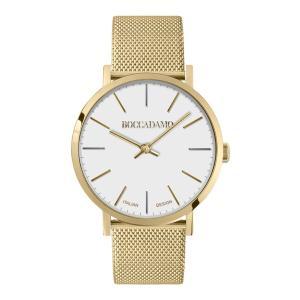 Reloj de mujer con esfera blanca y correa de malla milanesa dorada