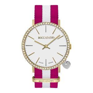 Reloj para mujer con esfera blanca, charm lateral y correa de nailon