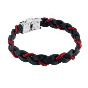 Brazalete trenzado de cuero negro con cordón náutico rojo