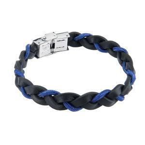 Brazalete trenzado de cuero negro con cordón náutico azul