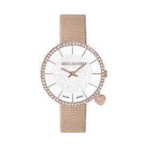 Reloj bañado en oro rosa con esfera bicolor en dos niveles y charm lateral en forma de corazón