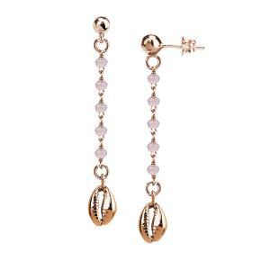 Pendientes rosas con cristales rosa lechoso y concha