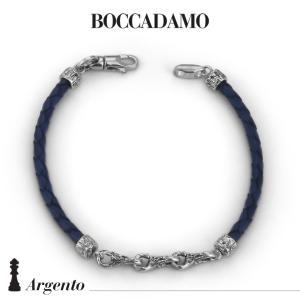 Pulsera en cordón de cuero azul y eslabones con textura de madera