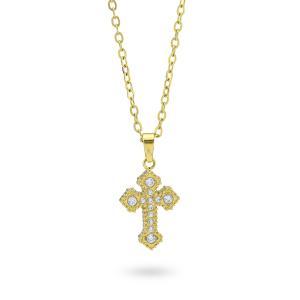 Collar bañado en oro amarillo con colgante de cruz y circonitas de diferentes tamaños