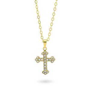Collar bañado en oro amarillo con colgante de cruz de tréboles y circonitas
