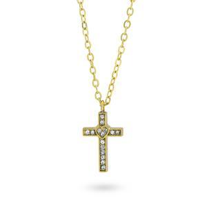 Collar bañado en oro amarillo con colgante de cruz latina, corazón central y circonitas