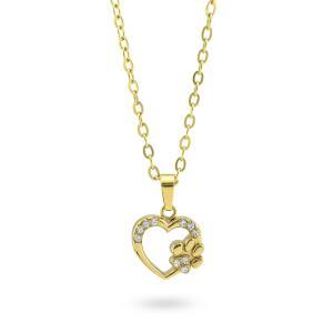 Collar bañado en oro amarillo con colgante de corazón y patita con pavé de circonitas