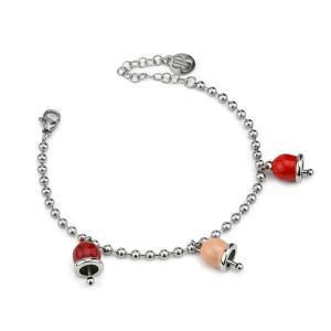 Pulsera con tres campanillas en rojo, rosa melocotón y burdeos