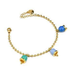 Pulsera bañada en oro amarillo con tres campanillas añil, celeste y verde agua