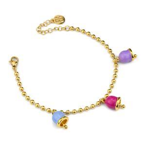 Pulsera bañada en oro amarillo con tres campanillas celeste, fucsia y violeta