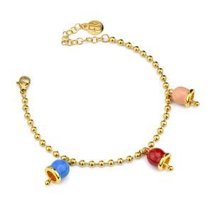 Pulsera bañada en oro amarillo con tres campanillas en rosa antiguo, burdeos y azul