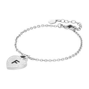 Pulsera rodiada con corazón y letra f calada