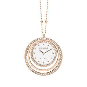 Collar-reloj de bronce bañado en oro rosa con círculos de cristales