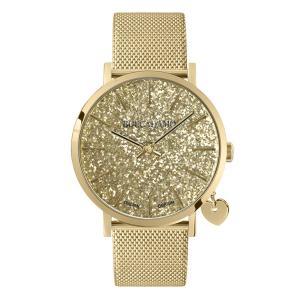 Reloj de mujer con esfera de purpurina dorada, correa de malla milanesa y charm dorado lateral