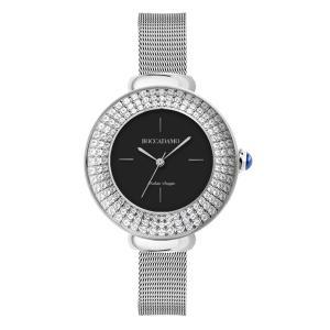 Reloj de pulsera para mujer plateado, esfera negra con tres filas de cristales y corona cabujón