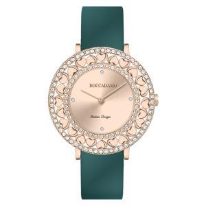Reloj de color oro rosa con cristales y correa verde petróleo de piel auténtica