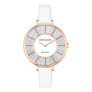 Reloj con correa de piel blanca y esfera con pavé de cristales