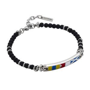 Brazalete de acero con esferas de ónix y placa esmaltada