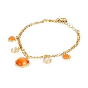 Pulsera de cadena doble con cabujones colgantes naranja y beige con circonitas