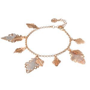 Pulsera bañada en oro rosa con colgantes de hojas lisas y con purpurina