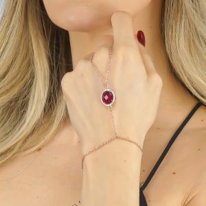 Pulsera de cadena con anillo, cristal turmalina roja y circonitas