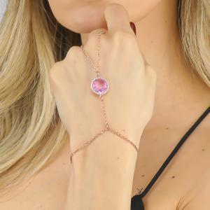 Pulsera de cadena con anillo, cristal turmalina rosa y circonitas