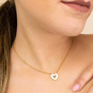 Ca/gr14 collar de acero rodiado, bañado en oro amarillo, con corazón central