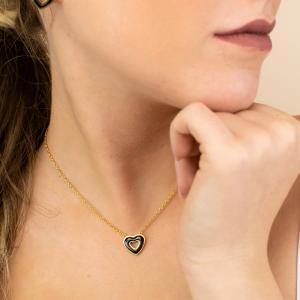 Ca/gr17 collar de acero rodiado, bañado en oro amarillo, con corazón central