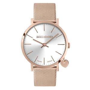 Reloj de mujer con esfera plateada, correa de acero rosa y charm lateral