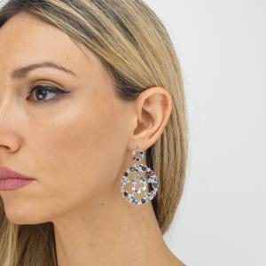 Pendientes rodiados con colgante circular maxi y cristales