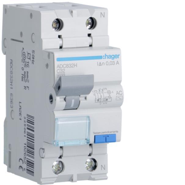 hager hager interruttore magnetotermico differenziale  magn 1pn 30ma ac 32a 4.5ka c 2m adc832h