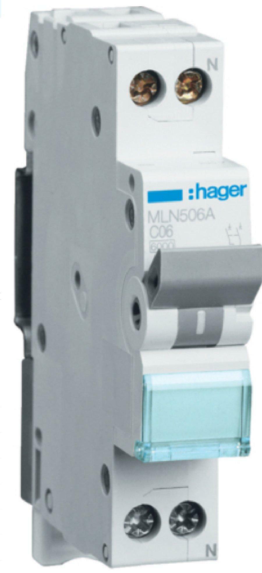 hager hager interruttore automatico per comando e protezione 1p+n 6a 6 ka c 1 moduli mln506a