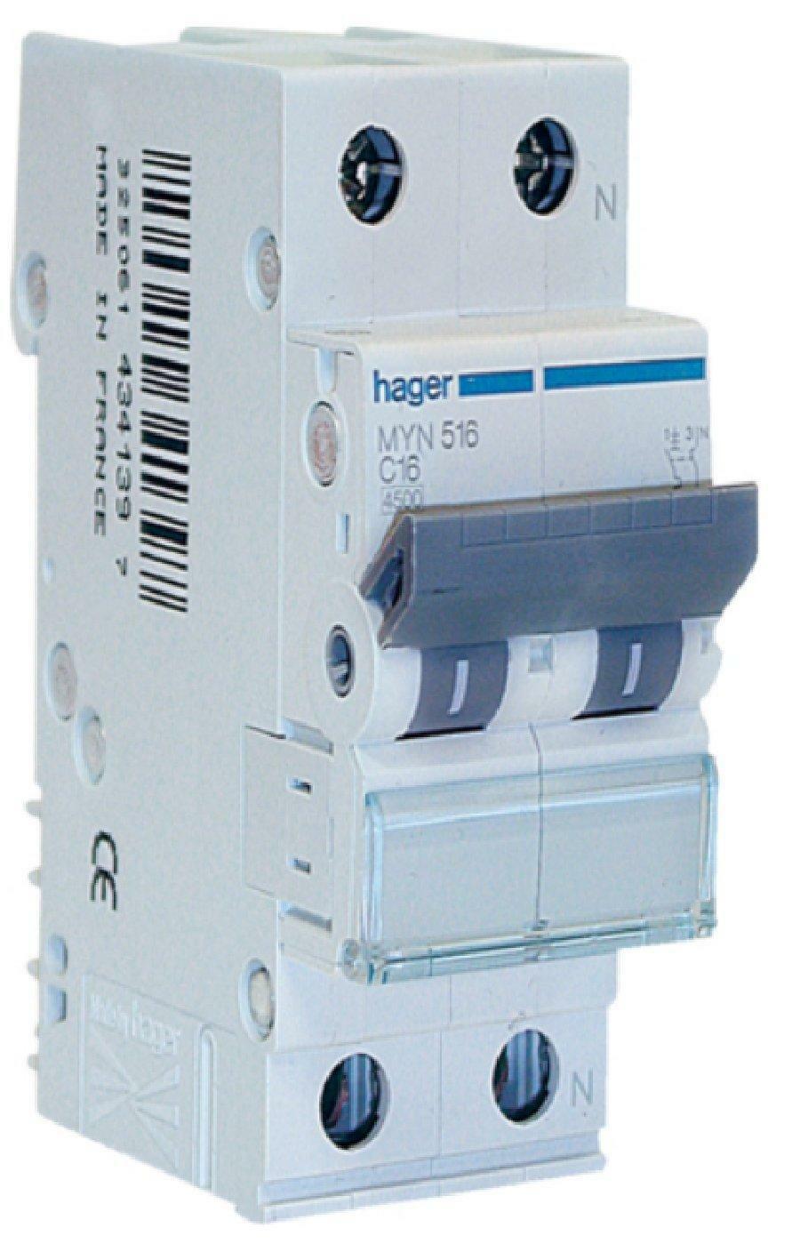 hager hager interruttore automatico per il comando e protezione1p+n 6a 4.5ka c 2 moduli myn506