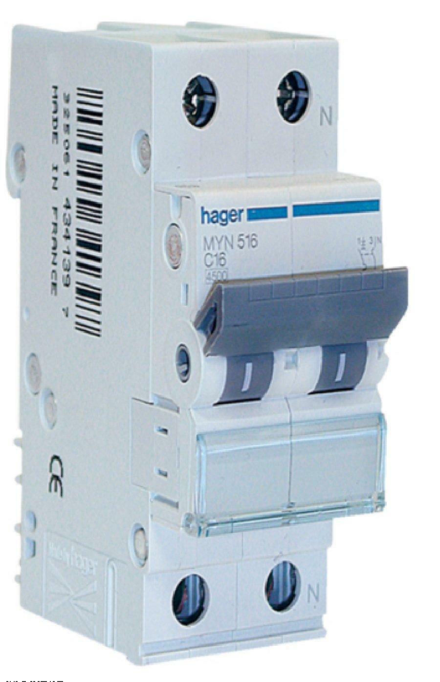 hager hager interruttore automatico modulare per comando 1p+n 16a 4.5ka c 2 moduli myn516