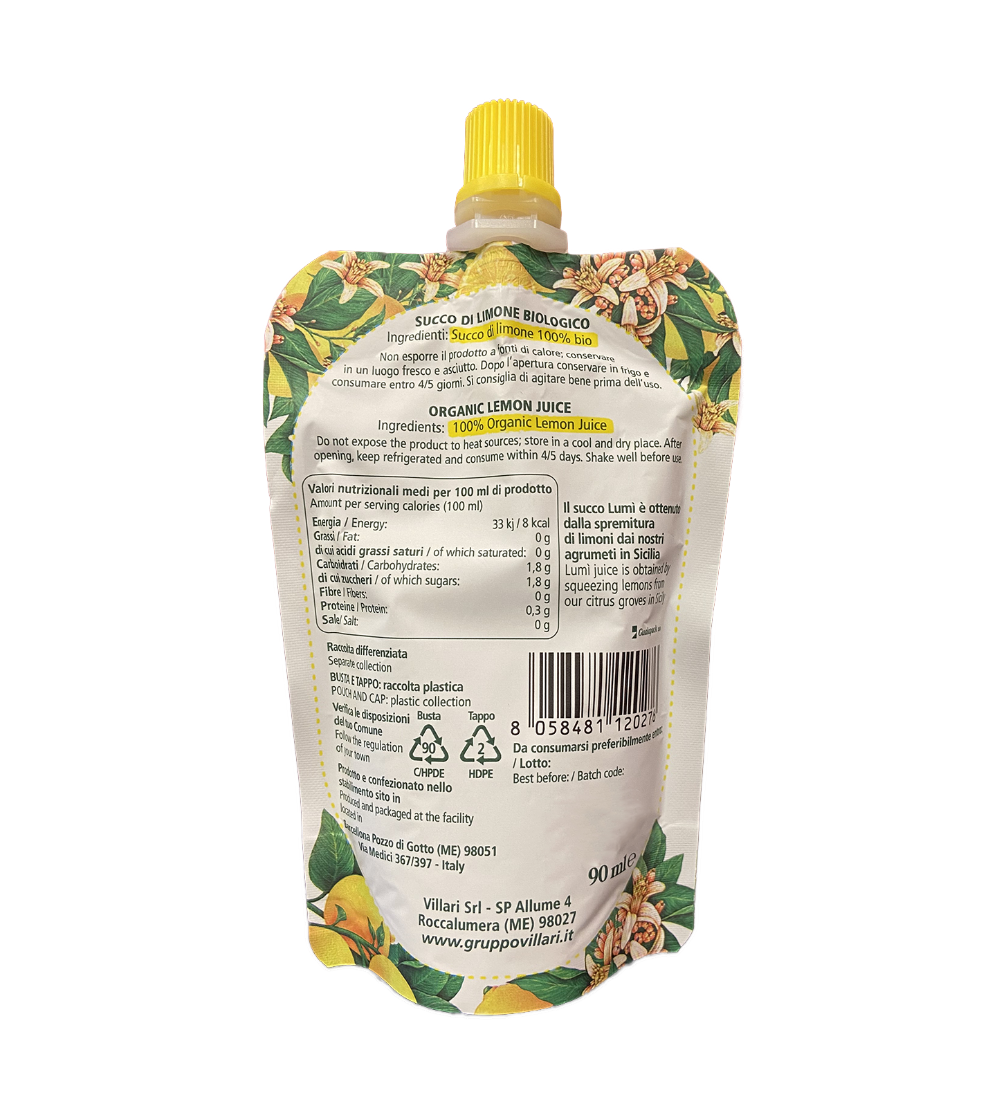 Succo di limone Lumi BIO 100% naturale in pouch da 90ml. Ingredienti e valori nutrizionali