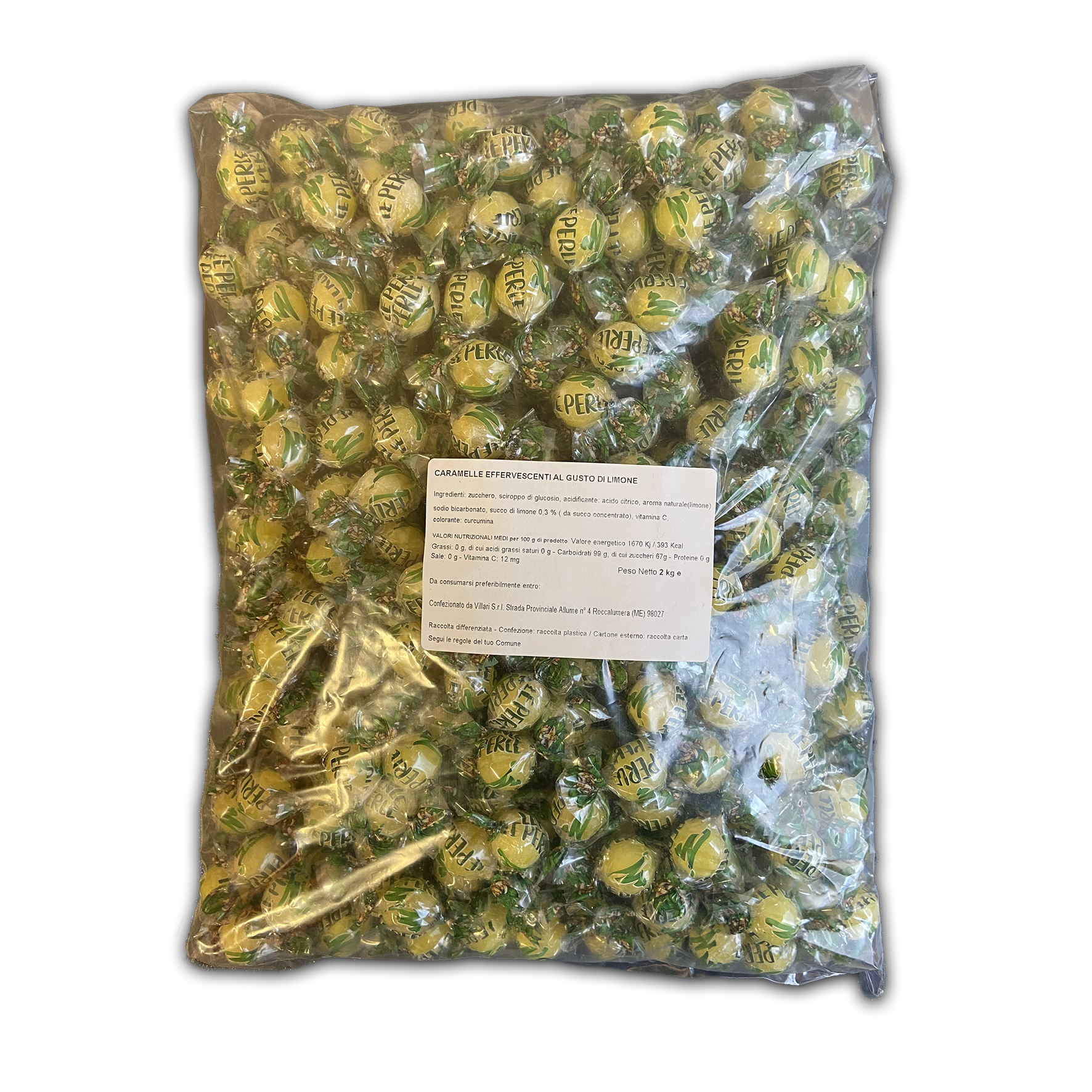 Caramelle Perle di Lumi sfuse in sacchetto da 2kg. Etichetta con ingredienti e valori nutrizionali