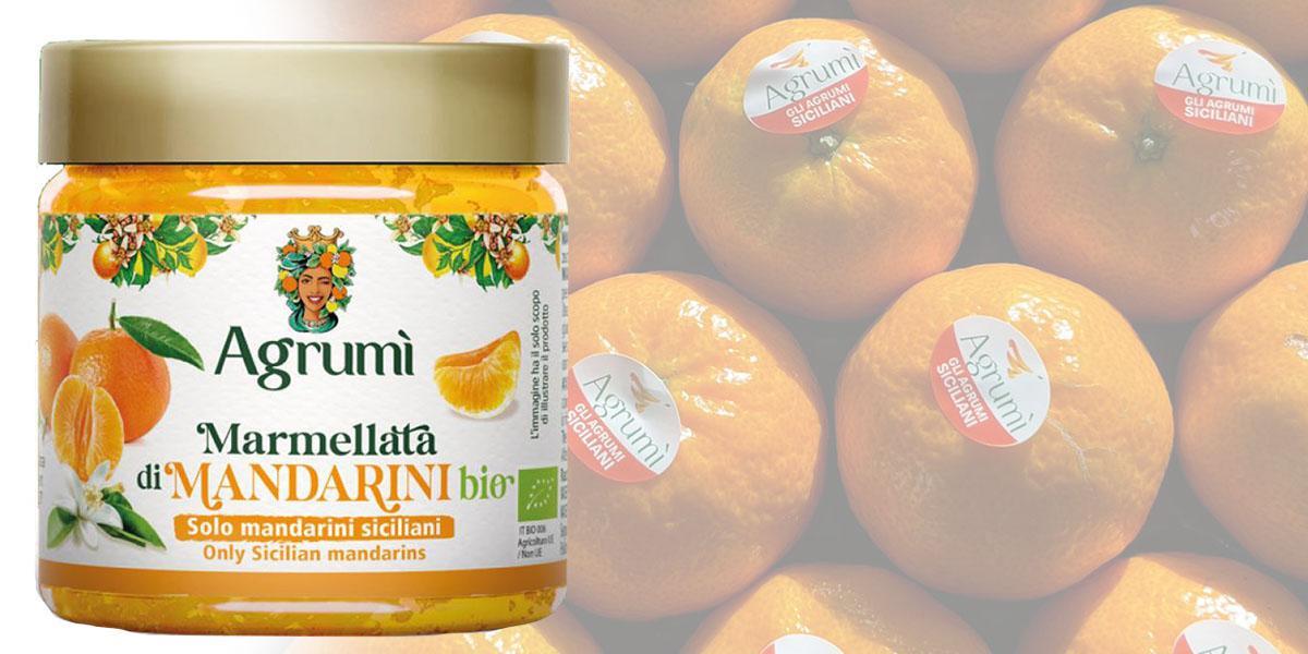 Marmellata di mandarini BIO Agrumi ricetta tradizionale vasetto 310gr. Etichetta con valori nutrizionali e ingredienti