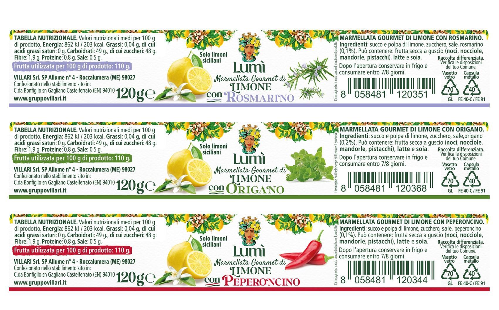 Marmellata gourmet Lumi di limone e spezie mediterranee 12 vasetti da 120gr. Etichette con valori nutrizionali e ingredienti.