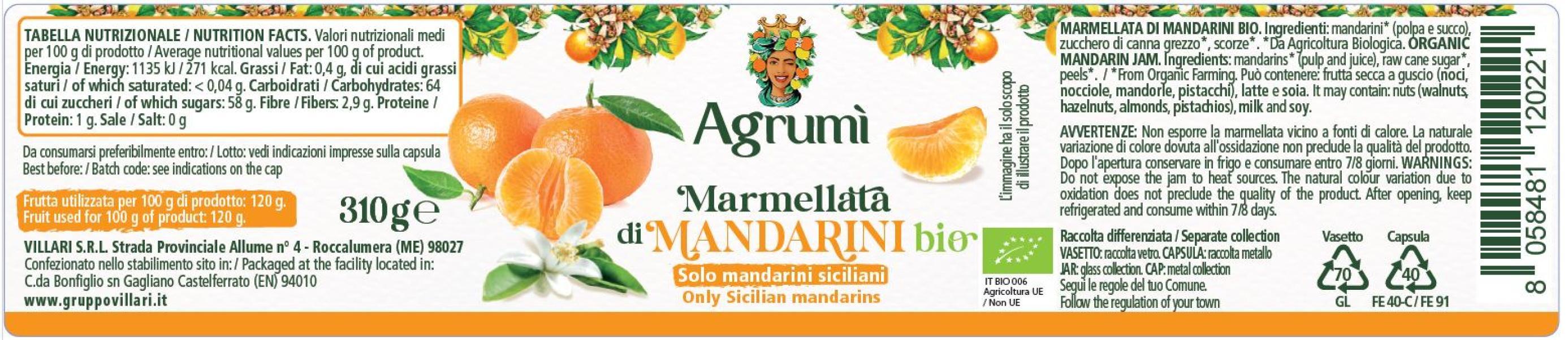 Marmellata di mandarini BIO Agrumi ricetta tradizionale 310gr x 6pz. Etichetta valori nutrizionali e ingredienti
