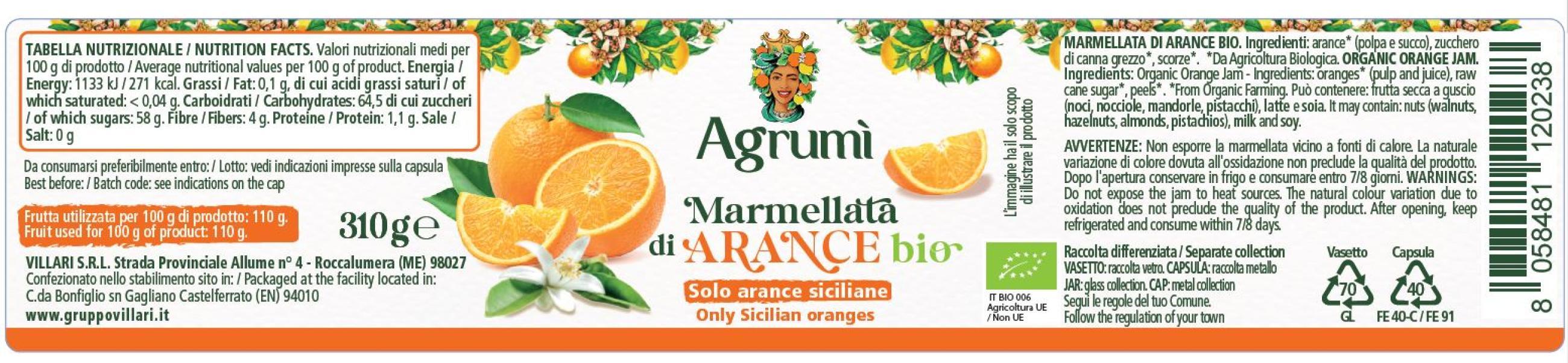 Marmellata di arance BIO Agrumi ricetta tradizionale 310gr x 6pz. Etichetta con valori nutrizionali e ingredienti