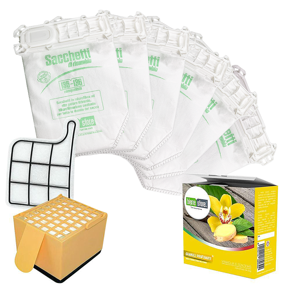 bierre store sacchetti folletto vk 135-136 6 pz + granuli profumati vaniglia e zenzero+ filtri compatibili