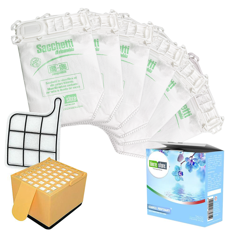 bierre store sacchetti folletto vk 135-136 6 pz + granuli profumati talco+ filtri compatibili
