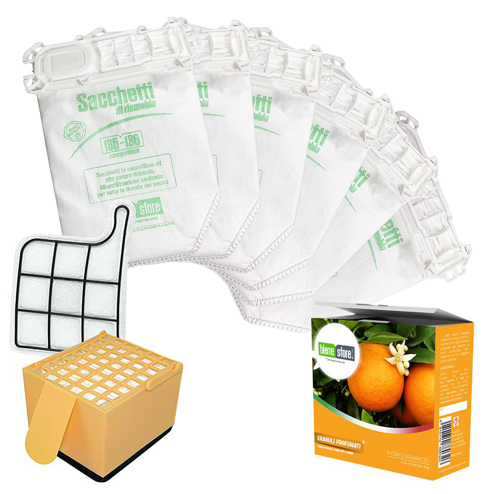 bierre store sacchetti folletto vk 135-136 6 pz + granuli profumati fiori di arancia+ filtri compatibili