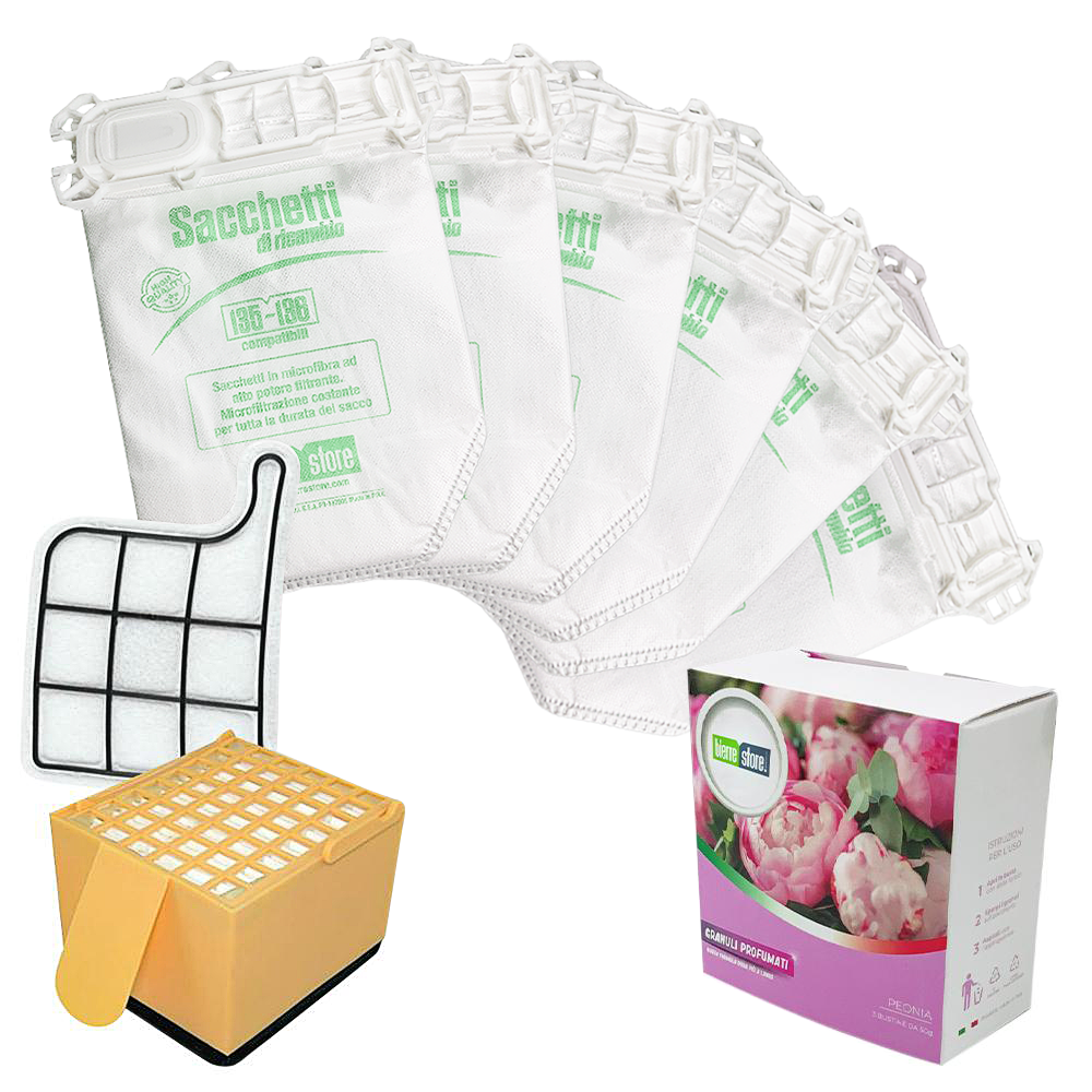bierre store sacchetti folletto vk 135-136 6 pz + granuli profumati peonia + filtri compatibili
