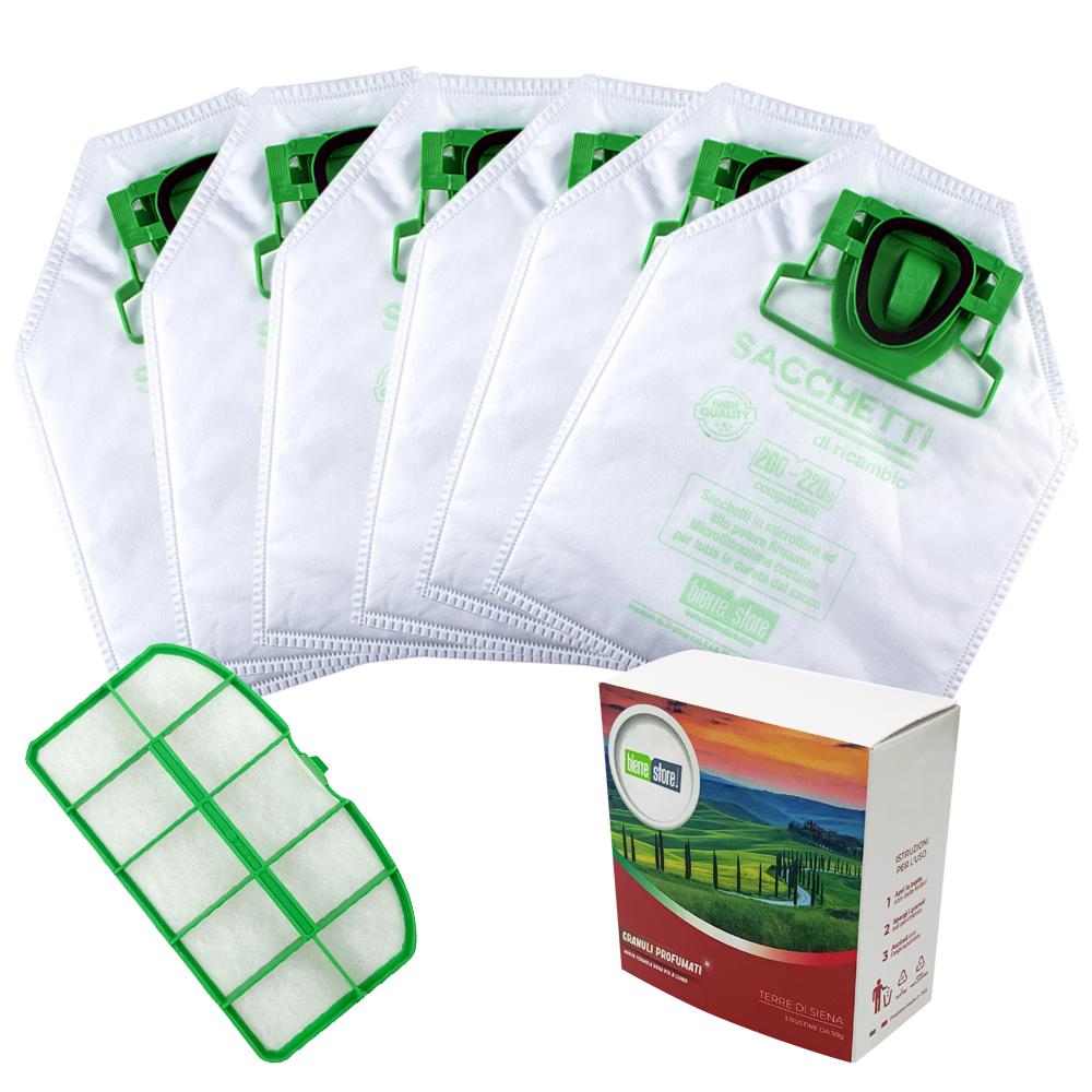 bierre store sacchetti folletto vk 200 - 220s 6 pz + granuli terra di siena+ filtri compatibili