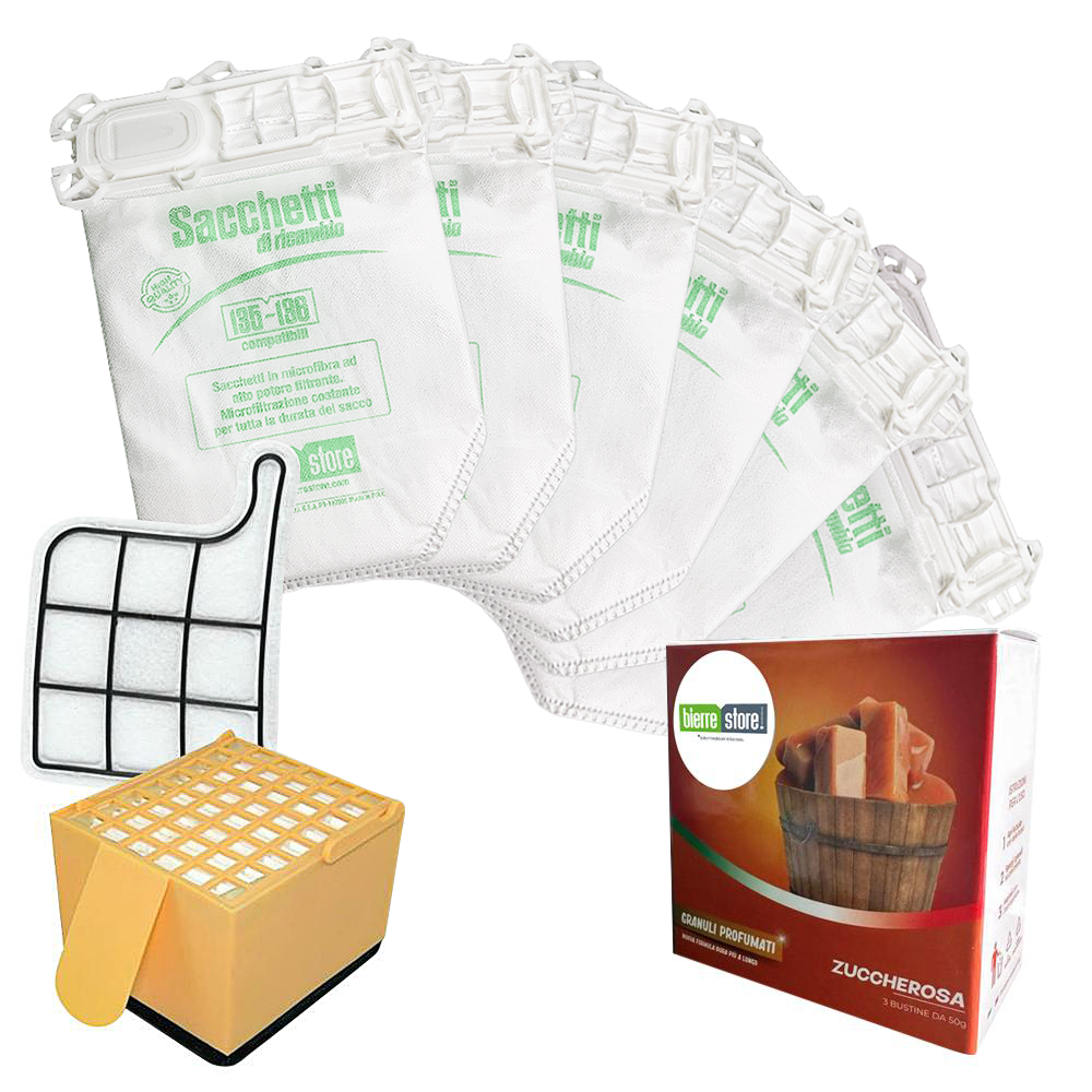 bierre store sacchetti folletto vk 135-136 6 pz + granuli profumati zuccherosa+ filtri compatibili