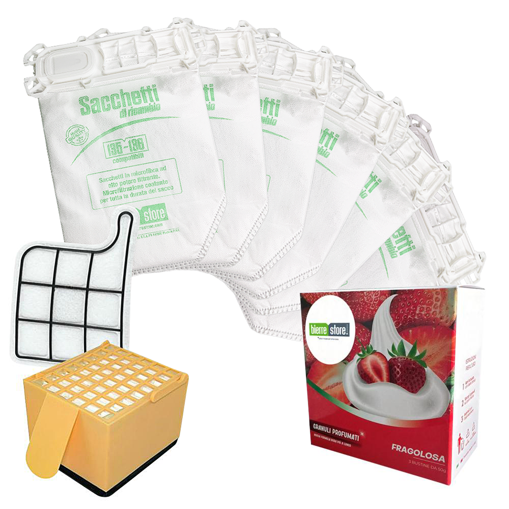 bierre store sacchetti folletto vk 135-136 6 pz + granuli profumati fragolosa+ filtri compatibili