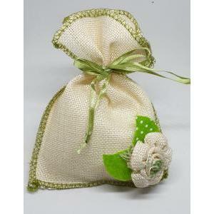 Sacchetto portaconfetti in juta con fiore verde - 11 x 14.5 cm