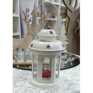 Lanterna porta candela in latta bianca con stelle - 10 x 15.5 cm