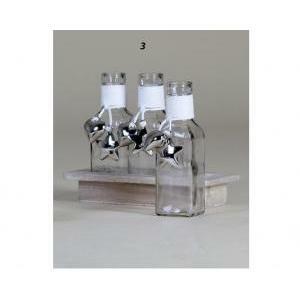Base in legno rettangolare con tre bottiglie di vetro con ciondoli